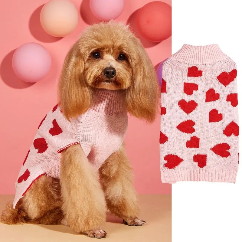 Acrylic dog sweater with decorative bow and love heart designs in red and pink colour options