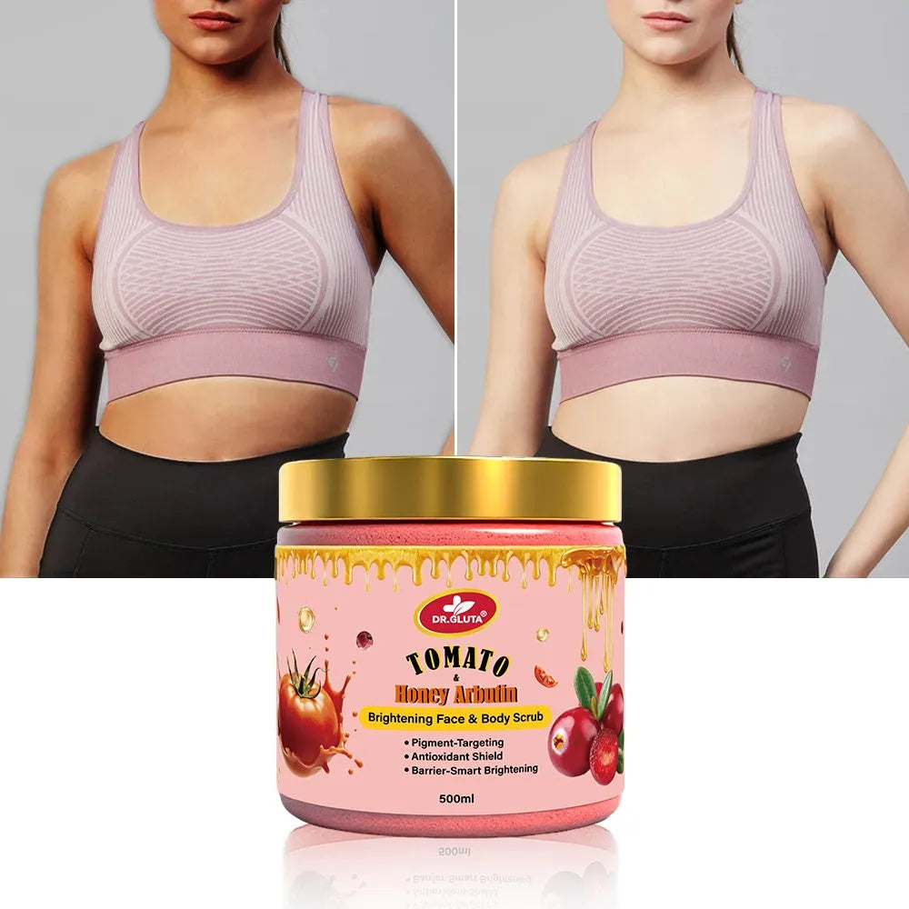 Tomato & Honey Arbutin Body Scrub 500ml jar for face and body brightening skincare
