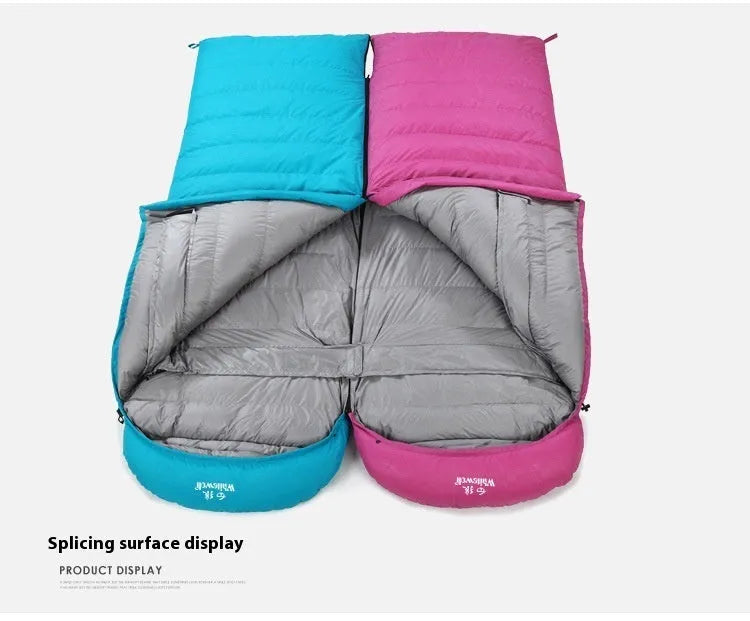 Black outdoor sleeping bag with goose down insulation and tear-resistant nylon fabric