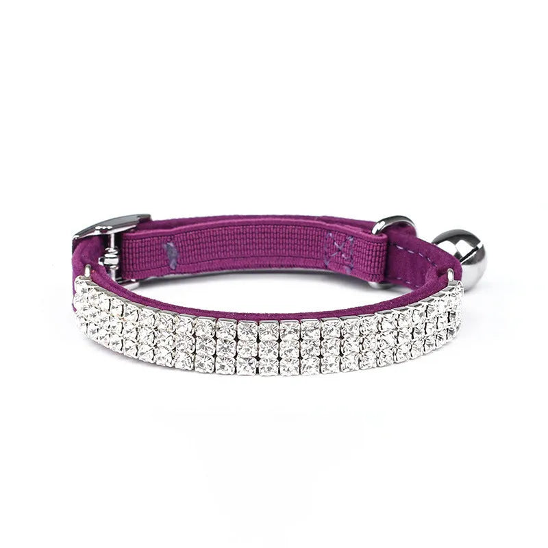 Rhinestone suede velvet cat collar in red blue purple black pink adjustable 20-30cm