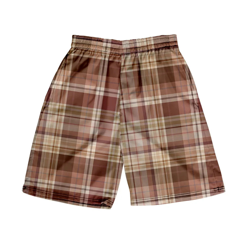 Men's straight-leg plaid shorts in polyester fabric with elastic waistband available in multiple solid colours