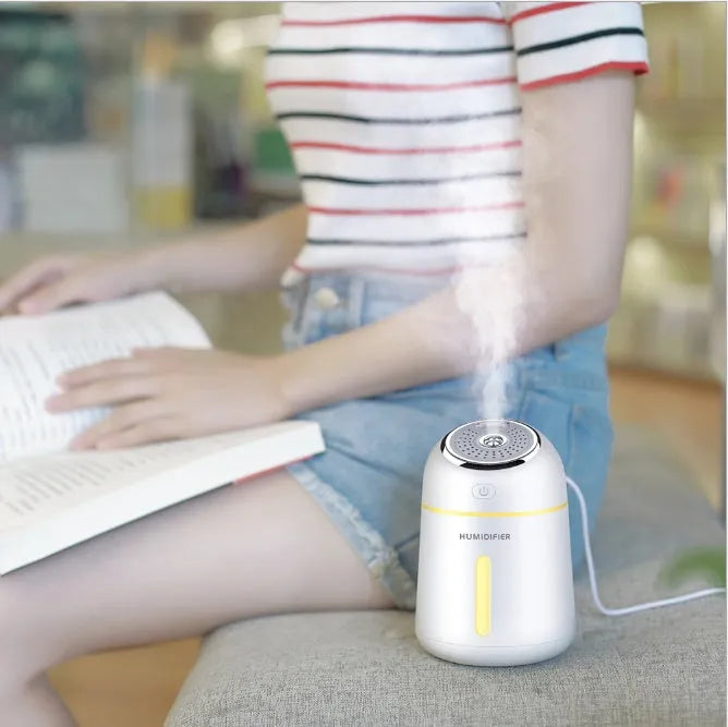 Mini ultrasonic USB humidifier four-in-one with USB mini fan and LED light, 330ml, 139*96*96mm, Blue Pink White