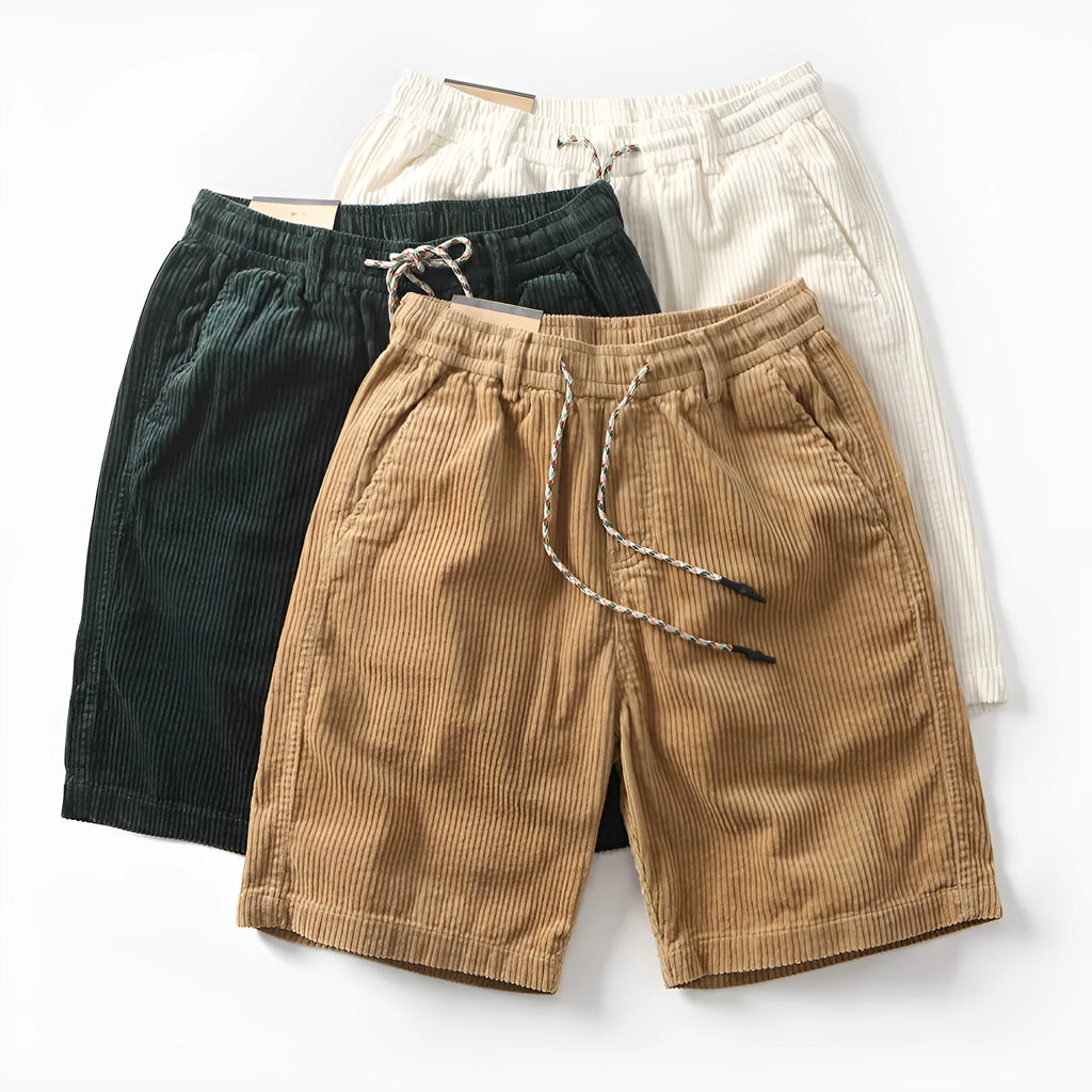 Man wearing retro khaki cargo shorts with a straight leg and street style design.
