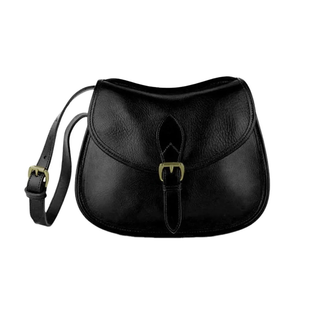 Brown genuine leather messenger bag with flap closure and crossbody strap showing internal organiser compartments