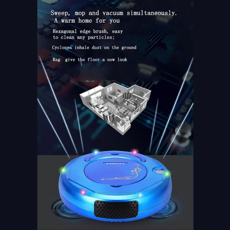 Lazy Smart floor sweeping robot vacuum cleaner in blue, black, or white on a hard floor surface.