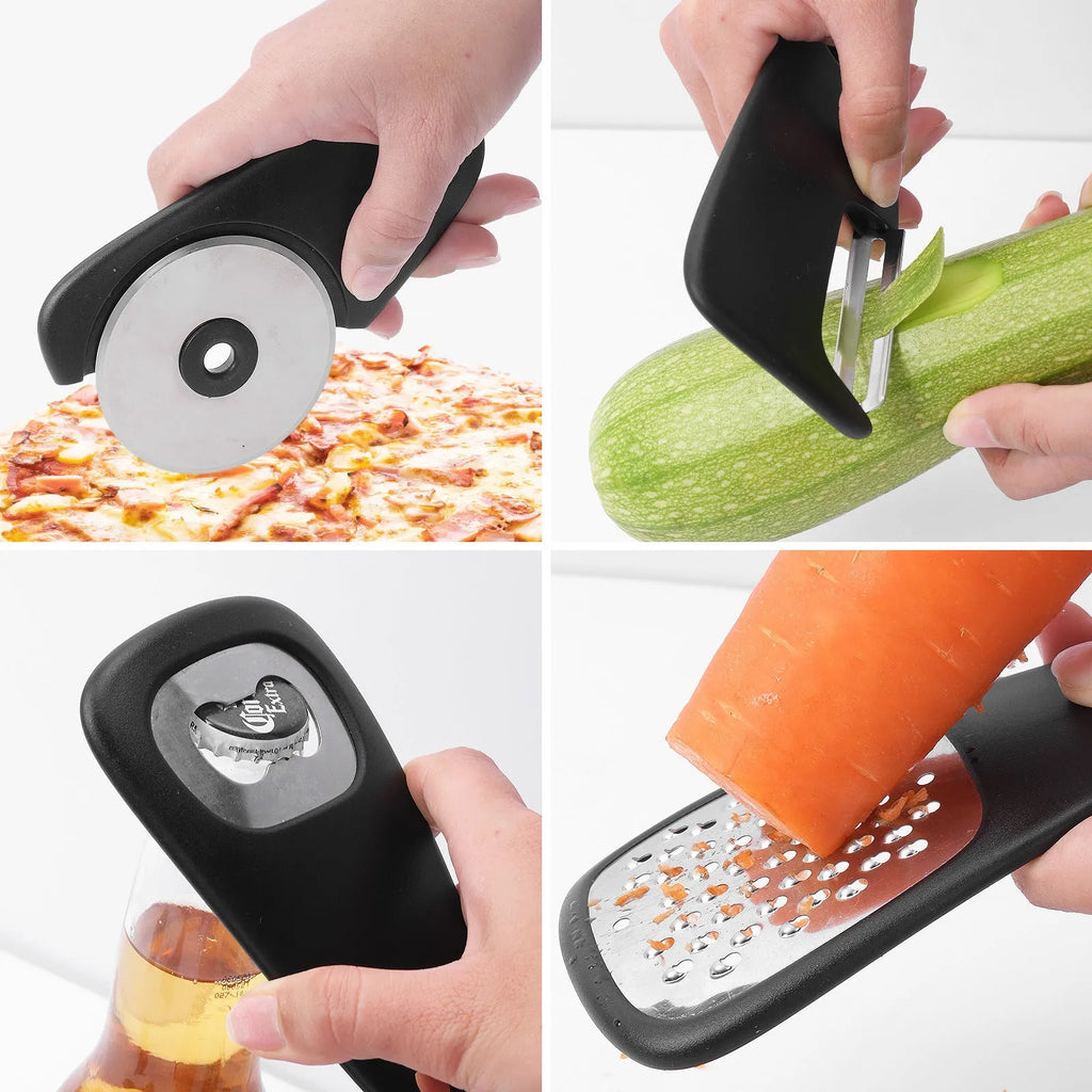 Six stackable kitchen gadgets with stainless steel and PP construction in modern simple design