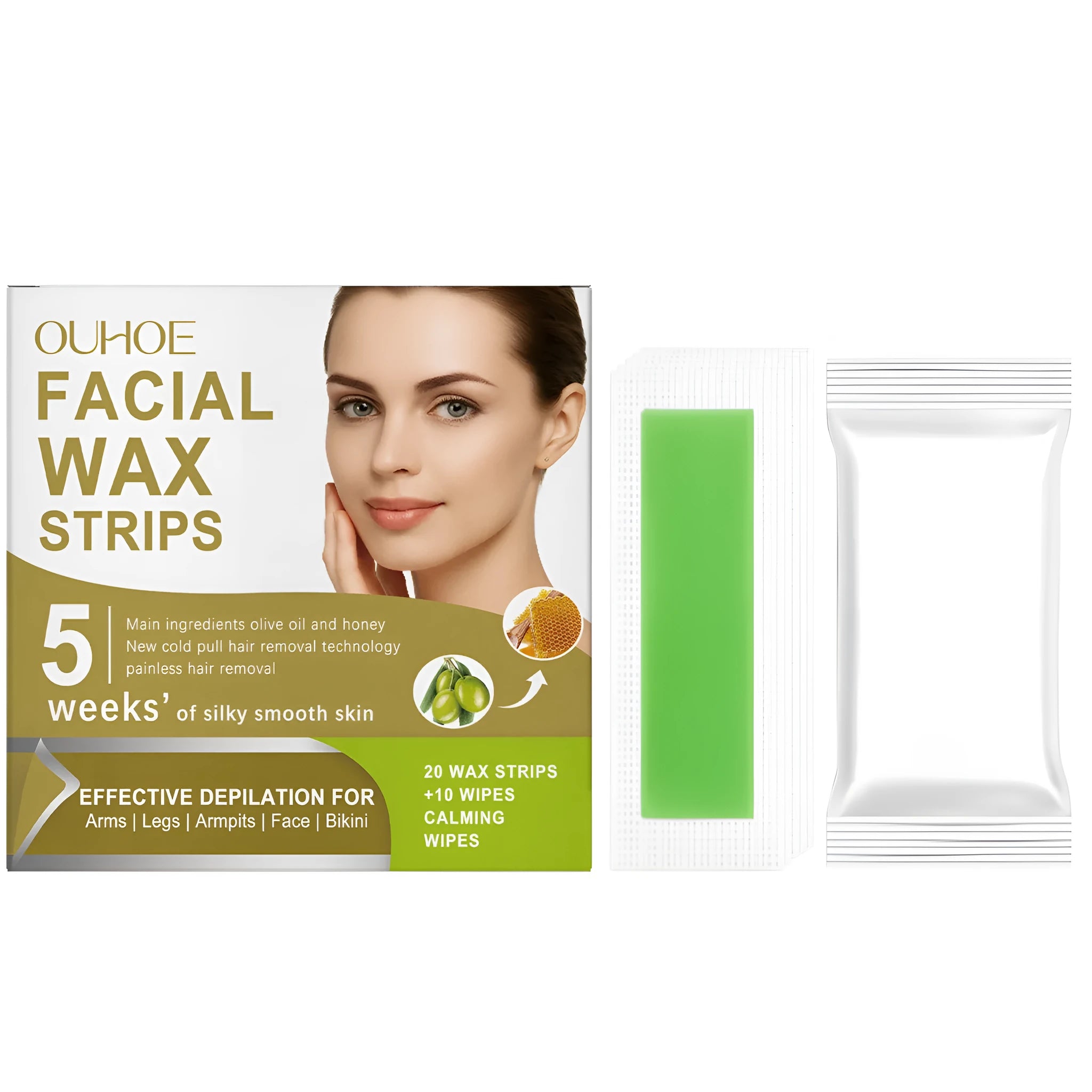 Gentle facial hair removal wax paper kit showing 20 pre-coated strips and 10 cleansing wipes