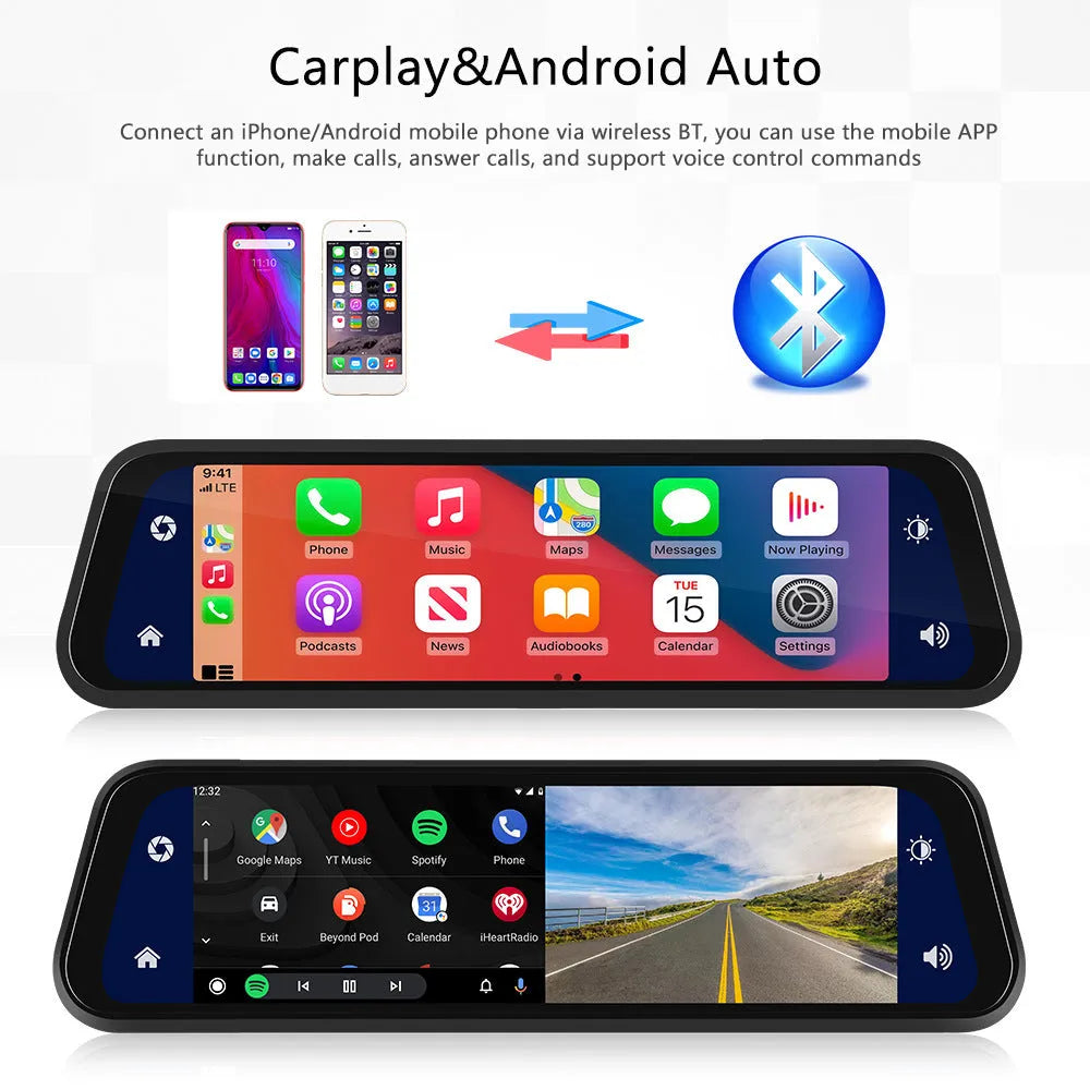 9.66-inch car dashboard camera and in-mirror video player system with wide-angle lens.