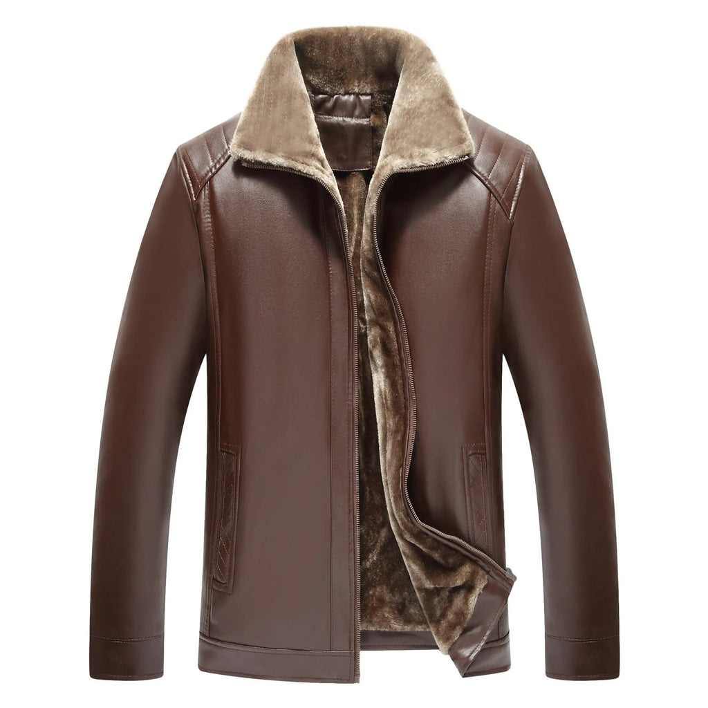 Men's fur-lined artificial leather jacket in black, slim fit, side seam pockets, winter casual wear
