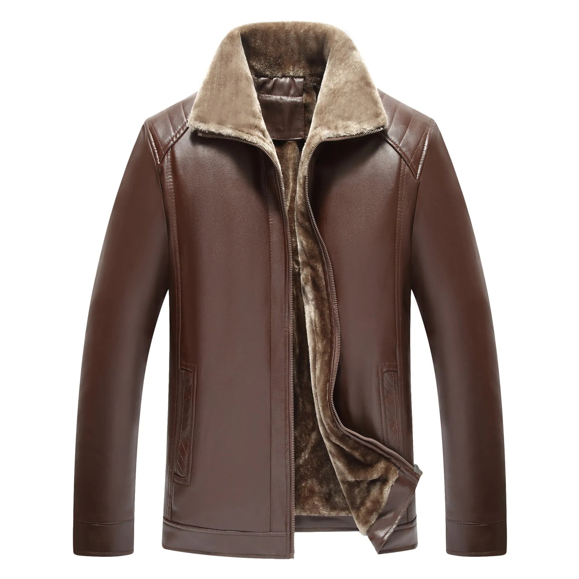 Men's fur-lined artificial leather jacket in black, slim fit, side seam pockets, winter casual wear