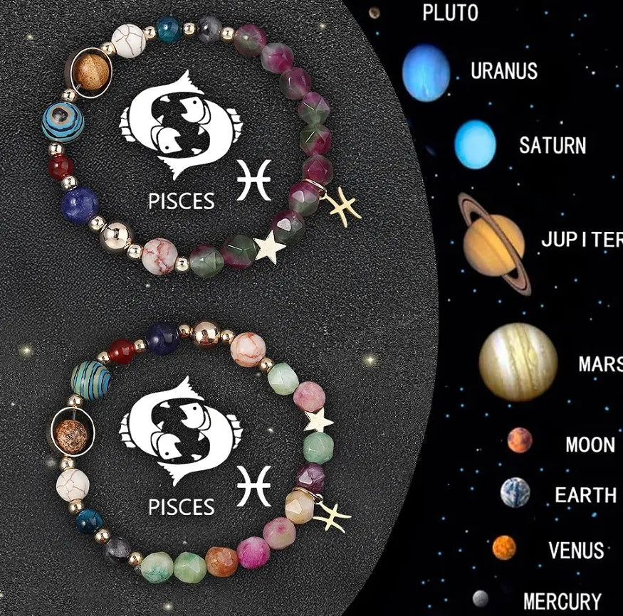 Two natural stone beaded bracelets with zodiac sign charms, showing the set of twelve astrological styles.