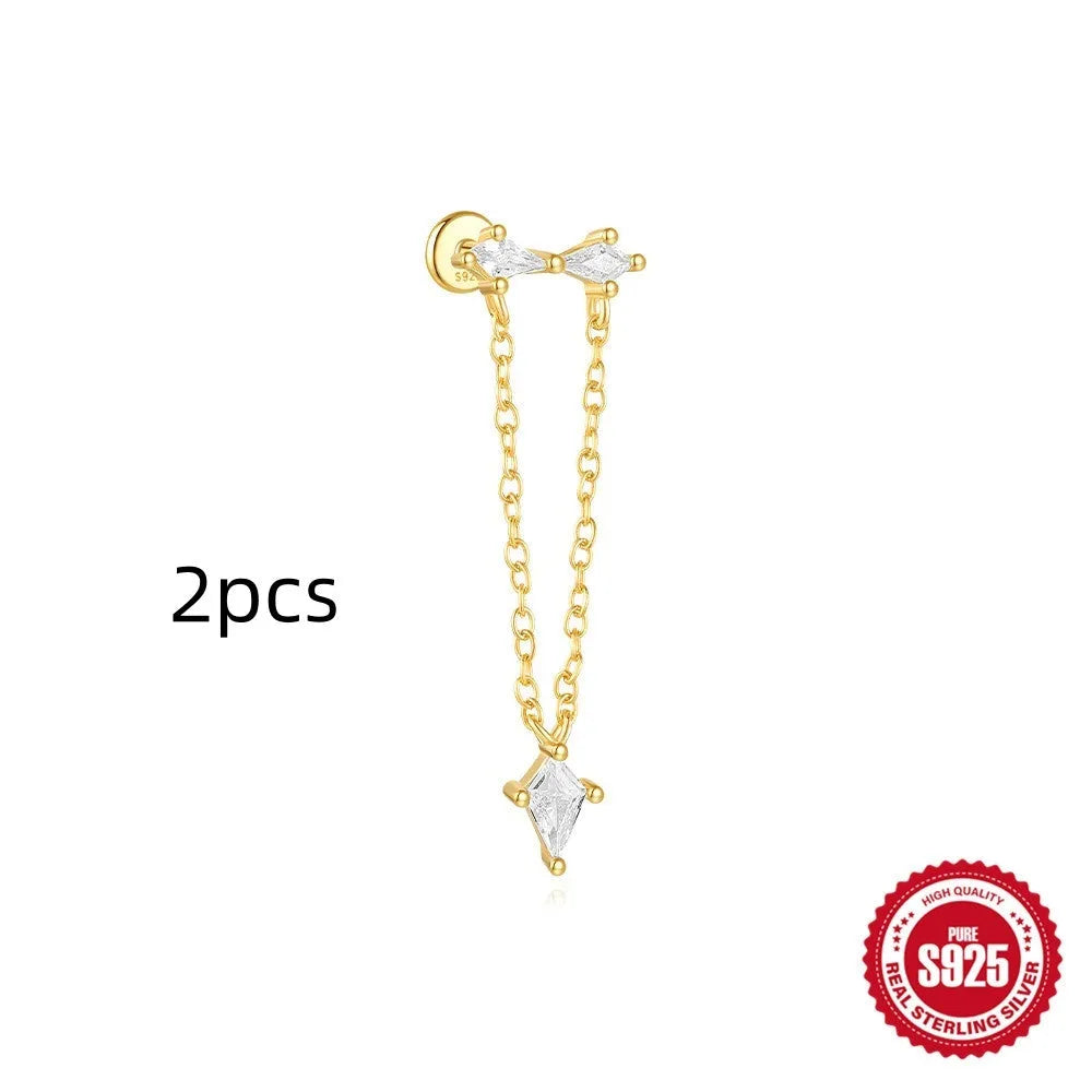 S925 sterling silver geometric kite earrings with rhinestone chain tassel in gold finish.