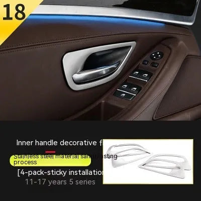 Four black interior handle decorative strips for BMW 5 Series F10/F11 models with stainless steel trim detailing
