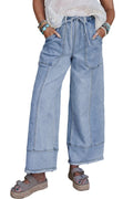 Women's beau blue wide-leg denim trousers on a hanger, showing drawstring waist and raw hem detail.