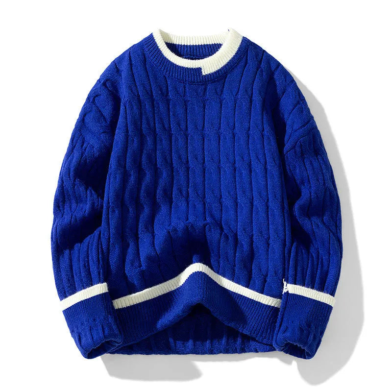 Man wearing a two-piece loose fit sweater in a sports style, showing the acrylic and modal fabric texture.