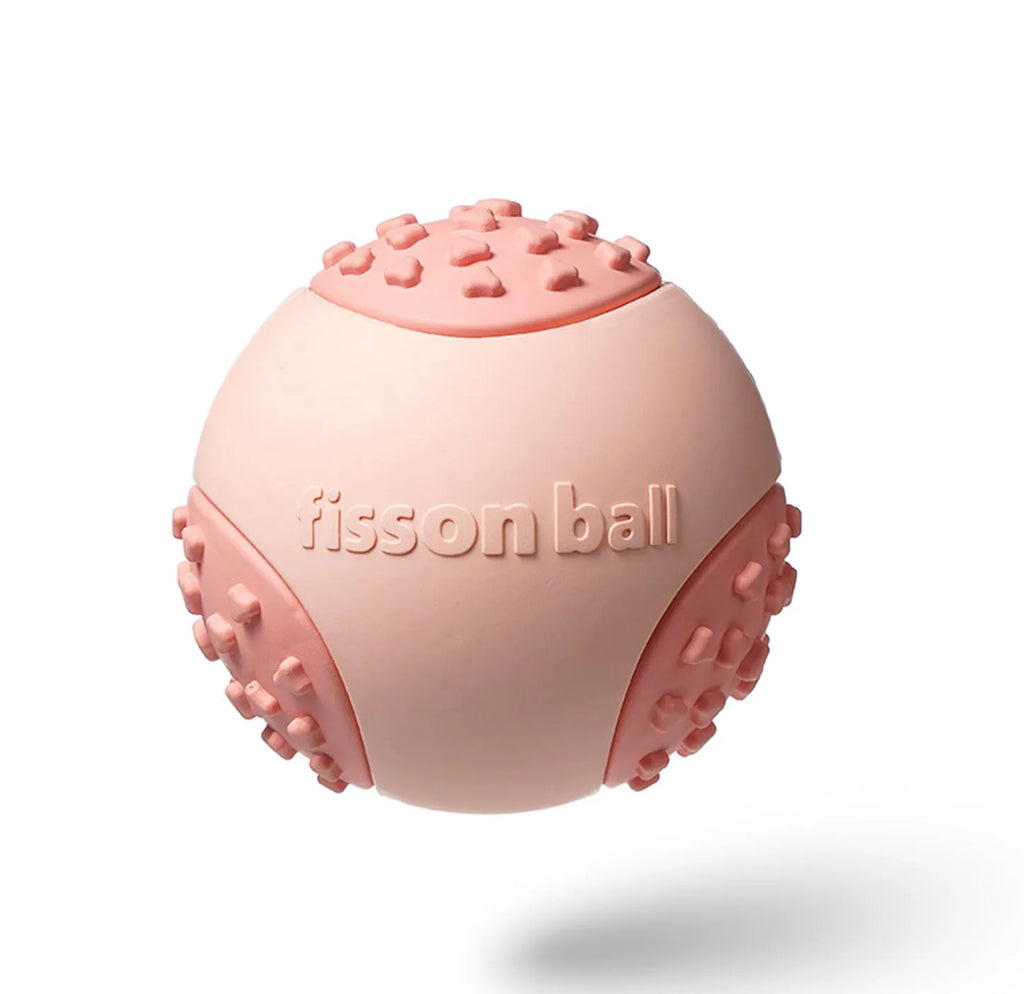 Green or pink interactive rolling ball dog toy with a durable hard plastic shell.