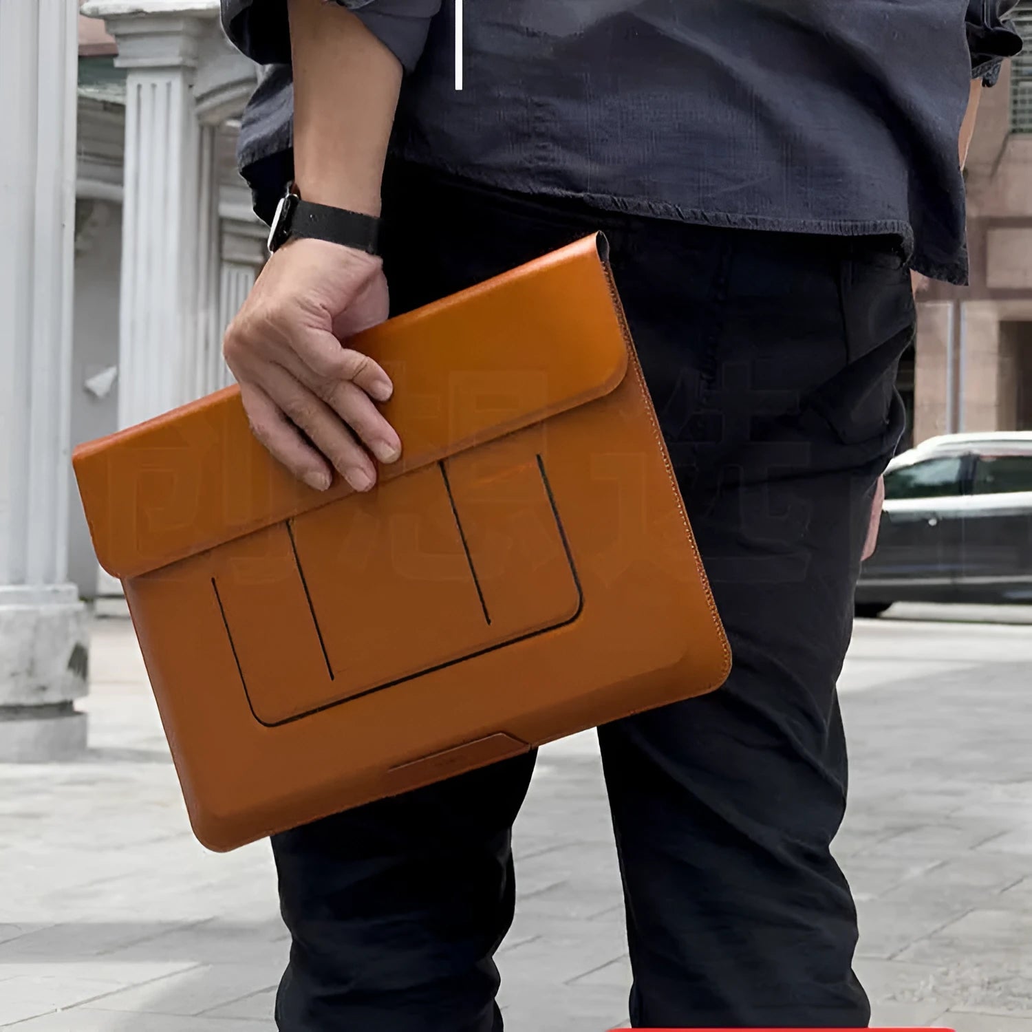 Brown laptop bracket bag with integrated adjustable stand for 13.3 inch notebooks
