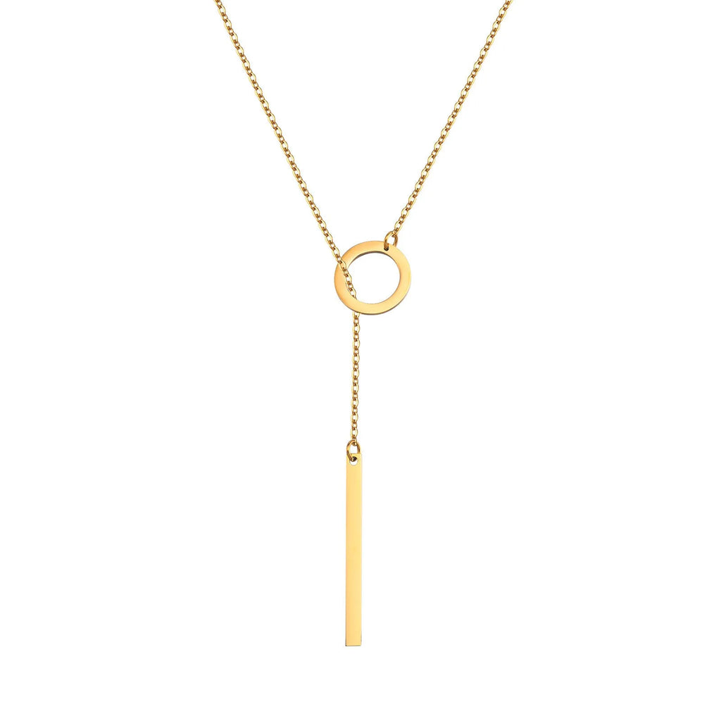 Gold stainless steel cross necklace with round ring pendant on an O-link chain for women