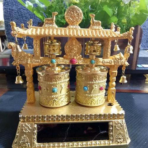 Alloy car prayer wheel decoration with Chinese traditional style measuring 12x15x8cm