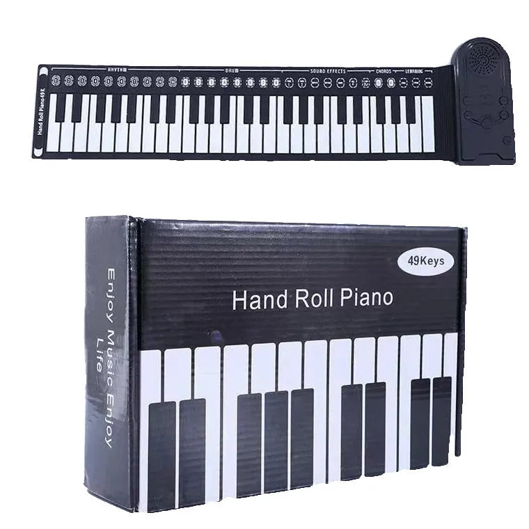 Pearlescent white folding electronic keyboard with 49 silicone keys, shown rolled and unrolled.