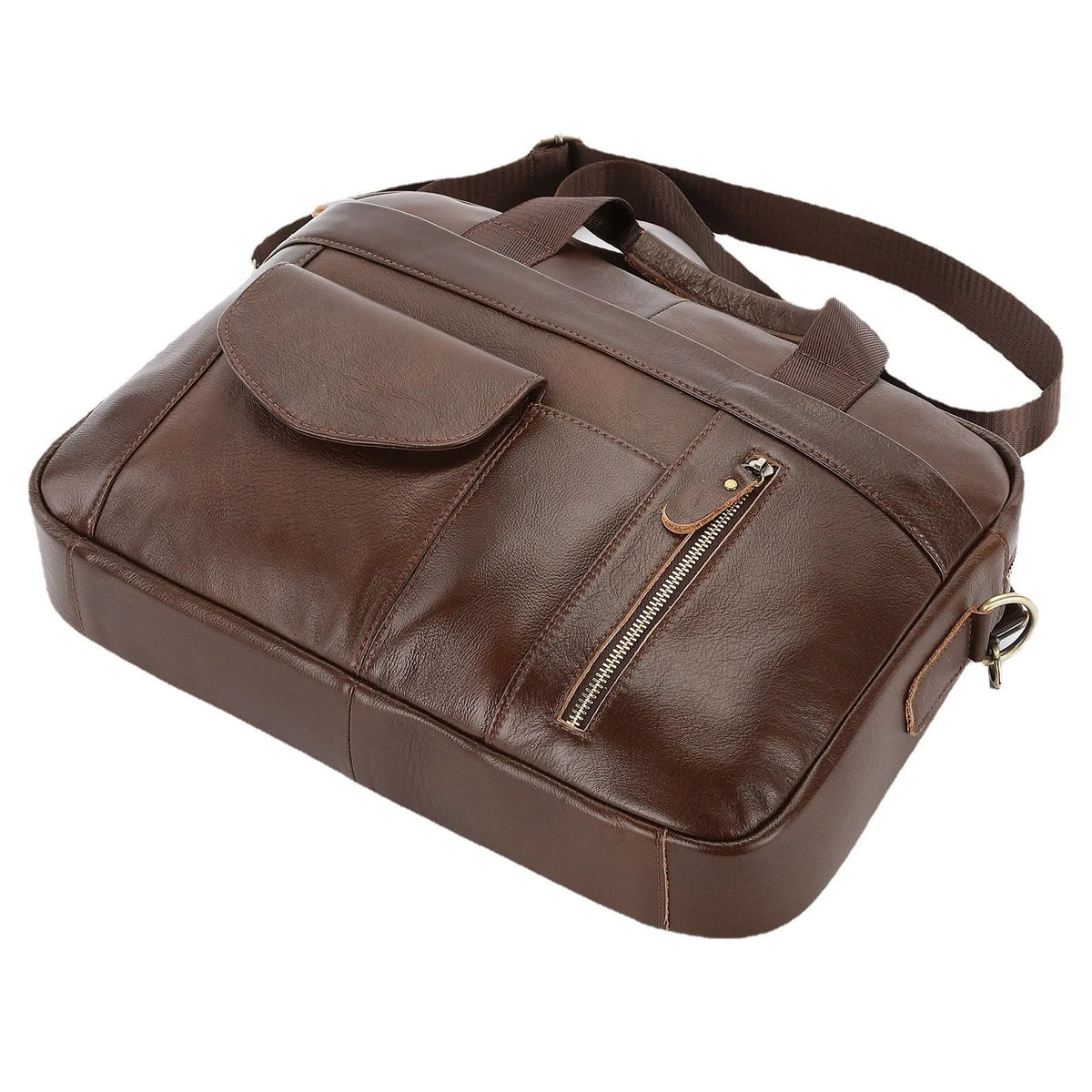 Men's leather cross-body briefcase, 10 inch vertical square first layer cowhide bag with zip, black and brown