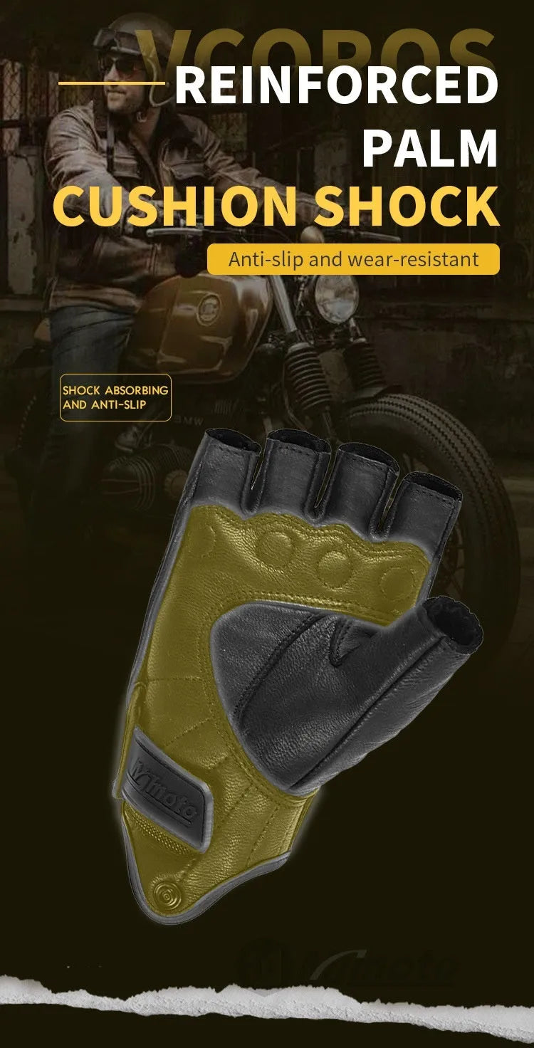 Retro Mo Trailer black sheepskin half finger riding gloves on a motorcycle handlebar