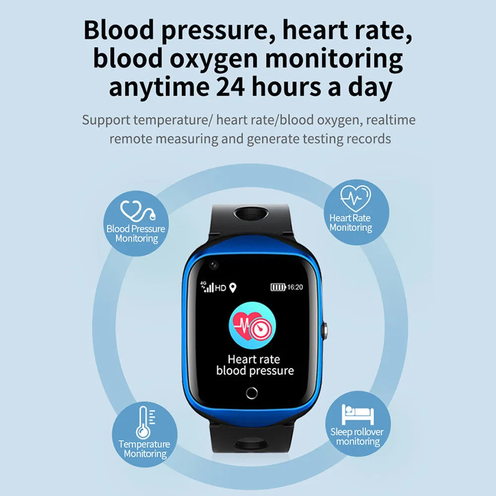 Black elderly smartwatch with square 1.3-inch screen and silicone strap, showing phone and SOS functions.