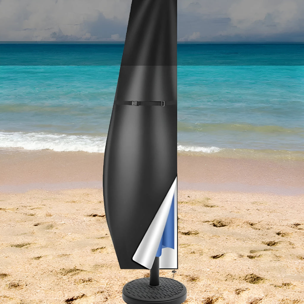 Grey Oxford cloth offset banana-shaped patio umbrella cover shown on a garden umbrella.