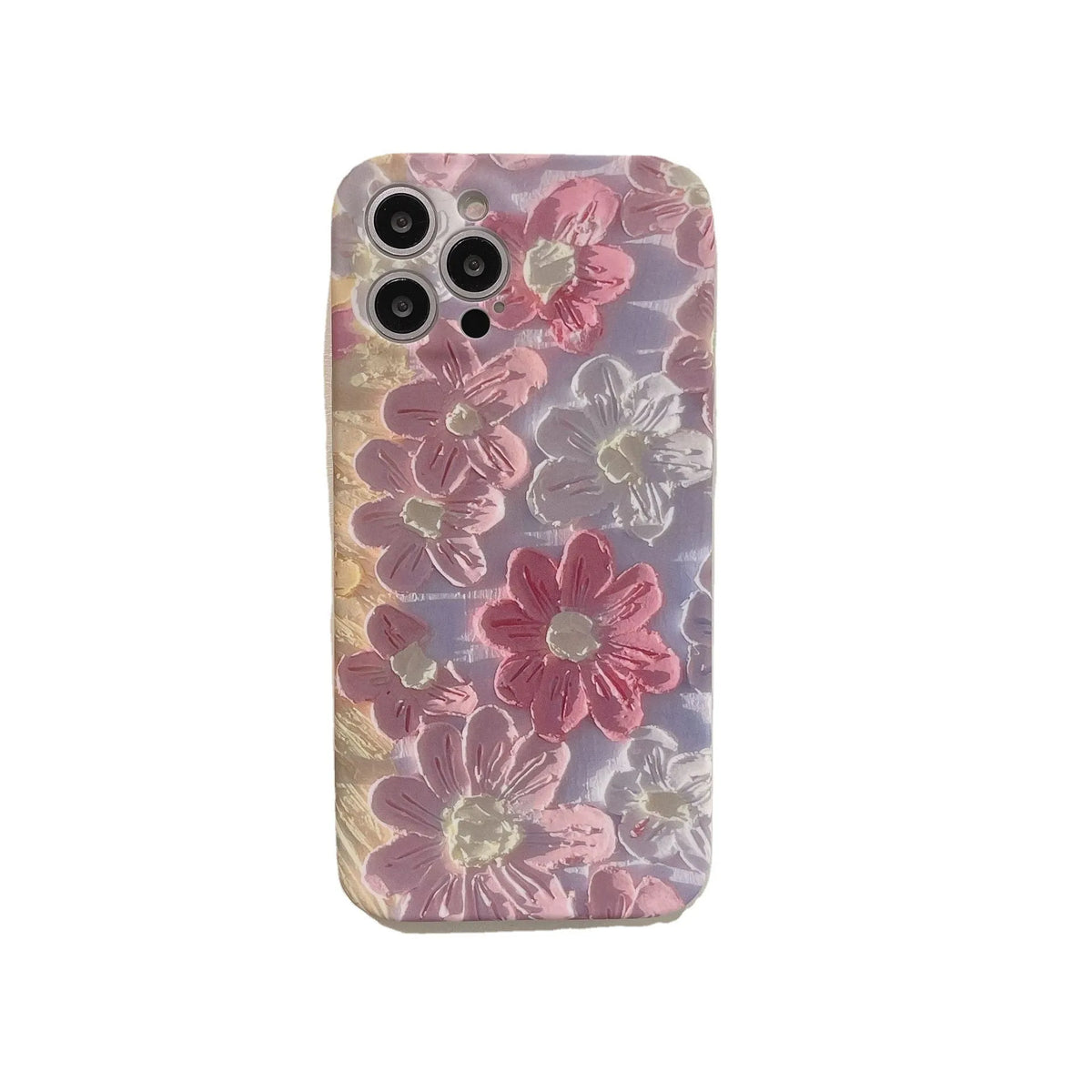 Pink flower silicone iPhone case with liquid oil painting design, rear cover type