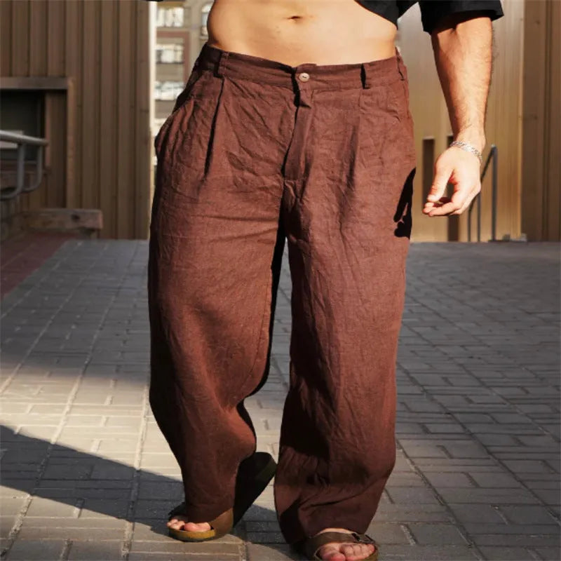 Men's linen cotton mid-waist pleated wide-leg trousers in khaki, front view