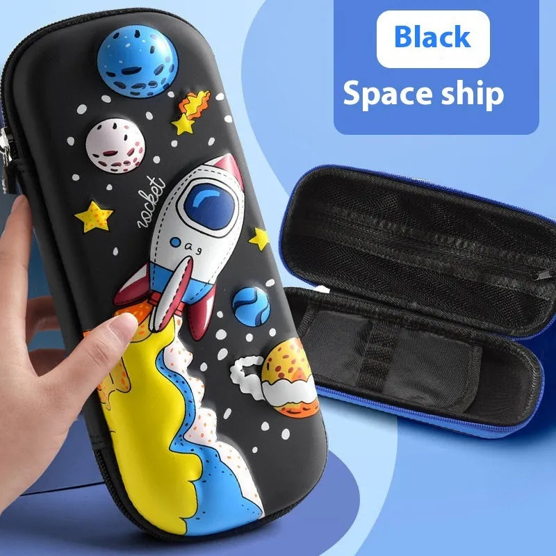 3D leather pencil case with embossed spaceship design organising pens and pencils