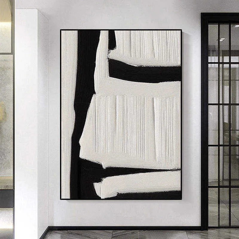 Large black and white abstract handmade painting on textured canvas, modern wall art for home decoration