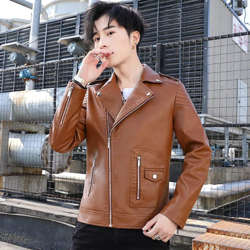 Loose fit pigskin leather motorcycle jacket with zipper front in khaki colour, available in sizes M to 4XL