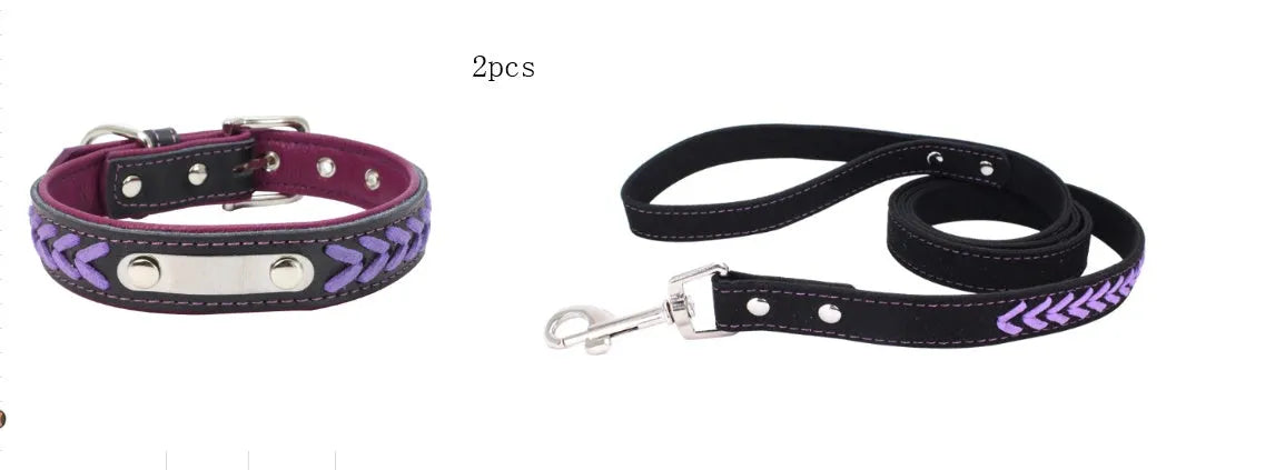 Stainless steel iron dog collar with laser lettering on genuine leather strap, available in blue, pink, purple, red and yellow