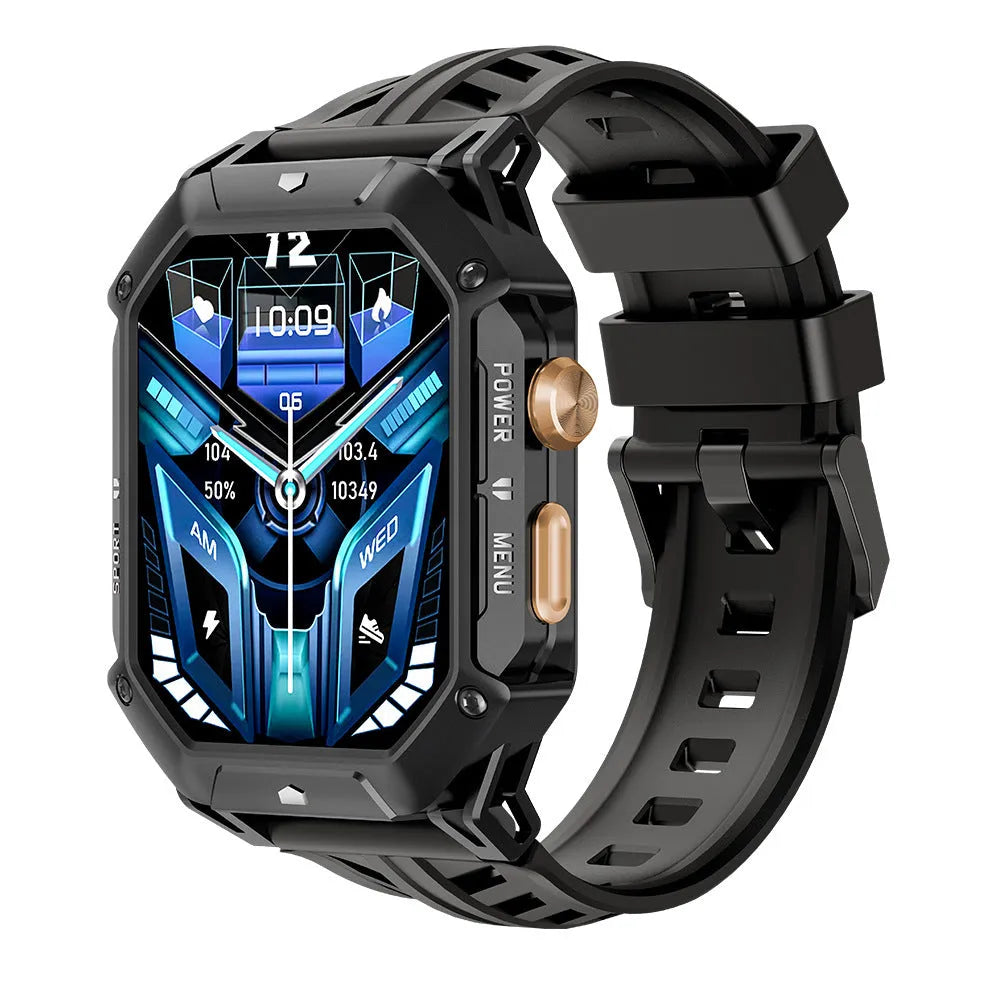 Smart watch with Bluetooth calling and gas compass in black, showing touch-button operation and IPS screen