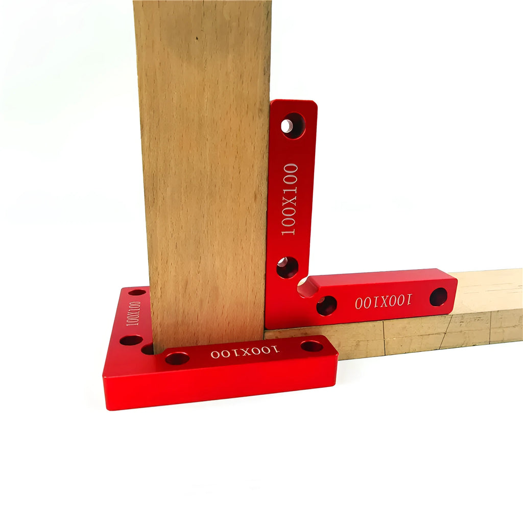 Machined aluminium right angle positioning block for woodworking jigs, showing 90-degree internal corner and scale.