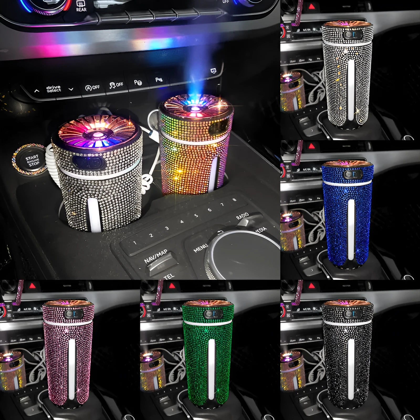 Rhinestone diamond car humidifier with colourful LED light and USB cable