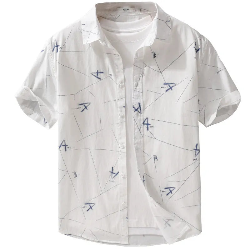 Pure cotton letter printed short sleeve shirt in white loose cardigan style front view