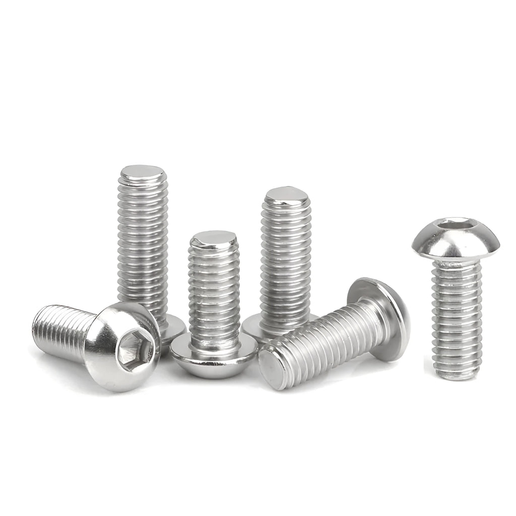 Stainless steel half round head pan head hexagon screw with hexagon socket drive on a white background