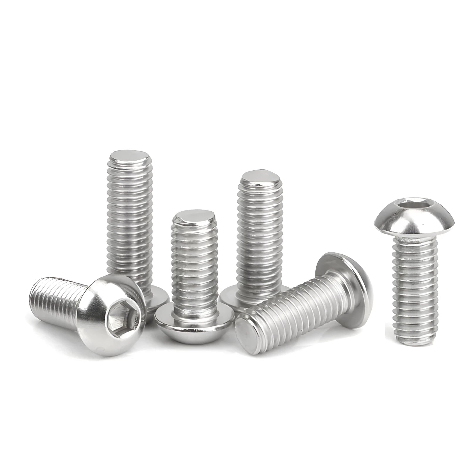 Stainless steel half round head pan head hexagon screw with hexagon socket drive on a white background