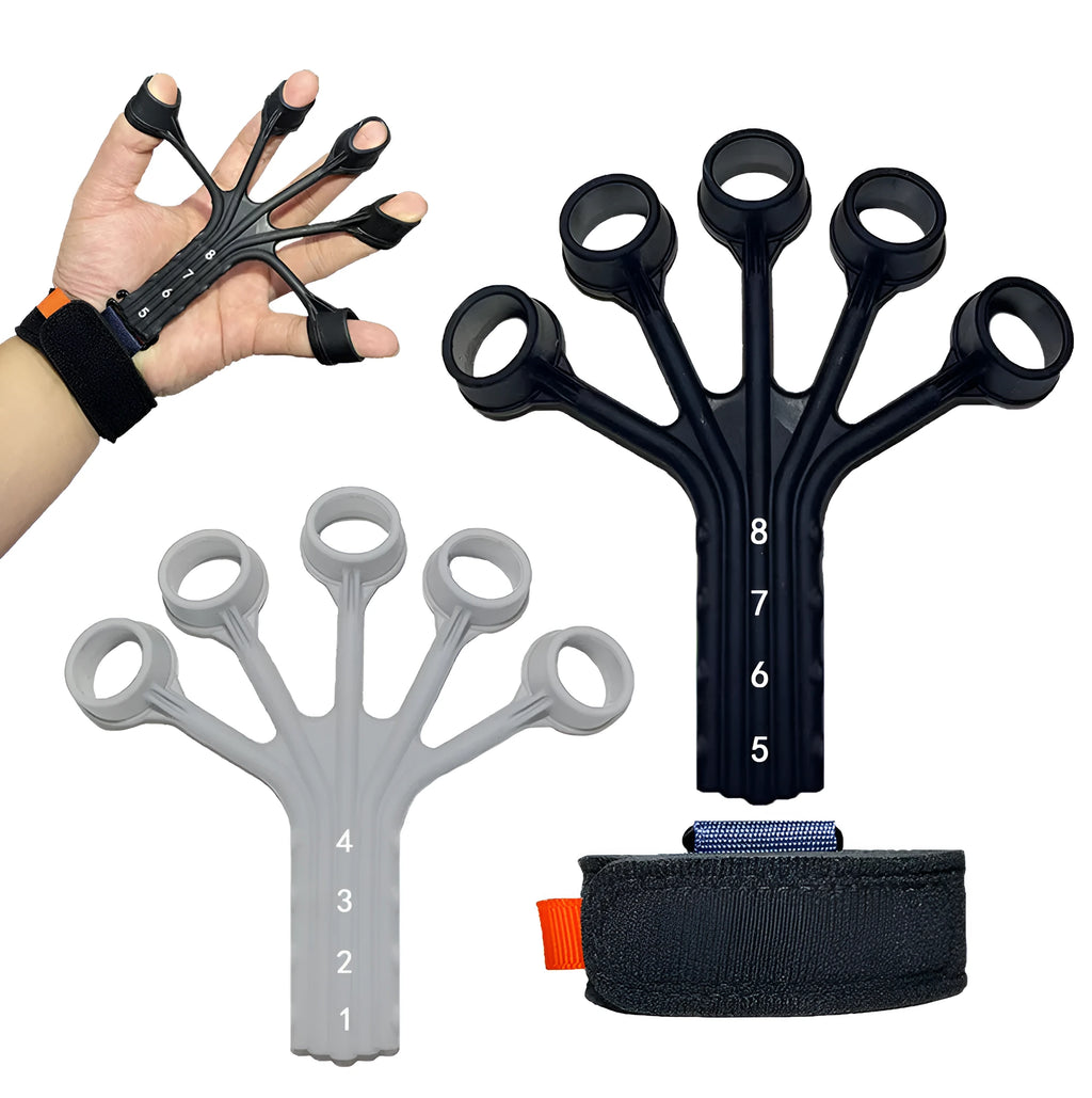 Silicone finger flexion and extension rehabilitation trainer with adjustable strap in black or grey.