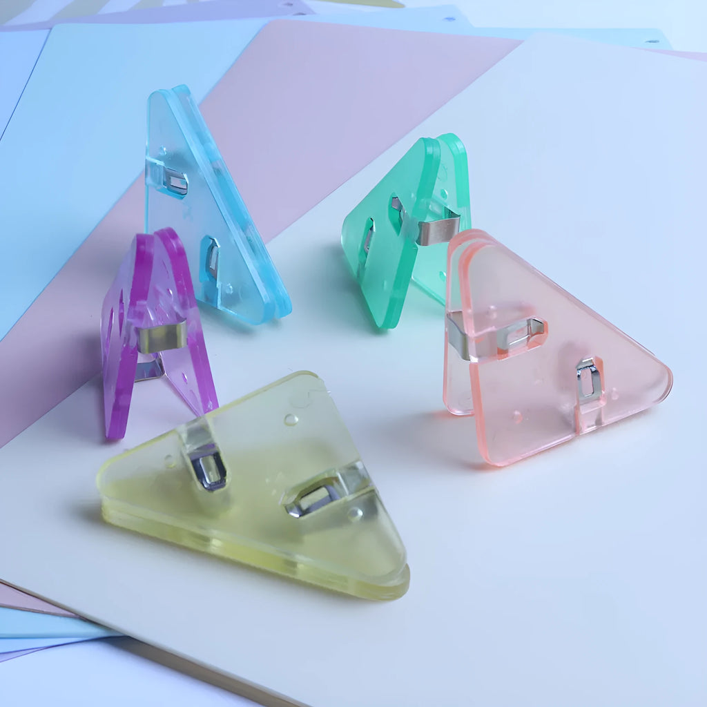 Plastic corner clip for student file storage in ice crystal yellow or smoothie blue