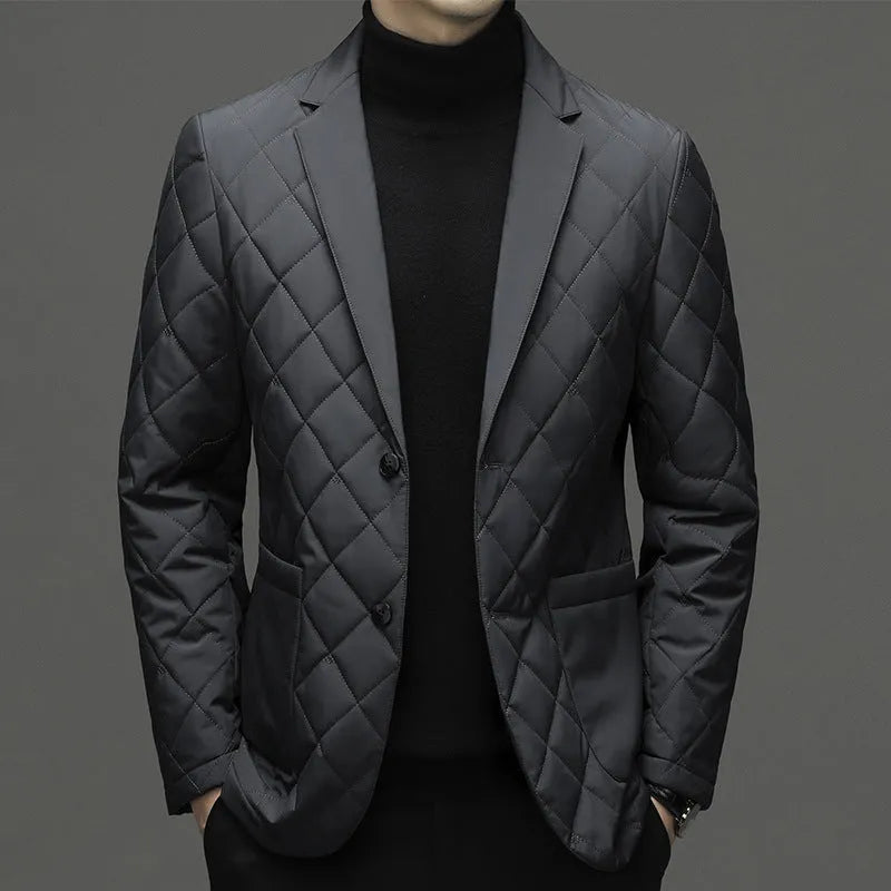 Men's black lapel-style thickened down jacket with side seam pockets on a mannequin.