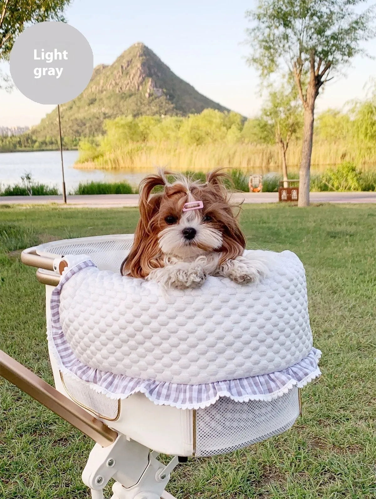 Pet stroller three-piece accessory set showing anti-dirty towel, cushion, and pillow in cotton cloth with floral pattern