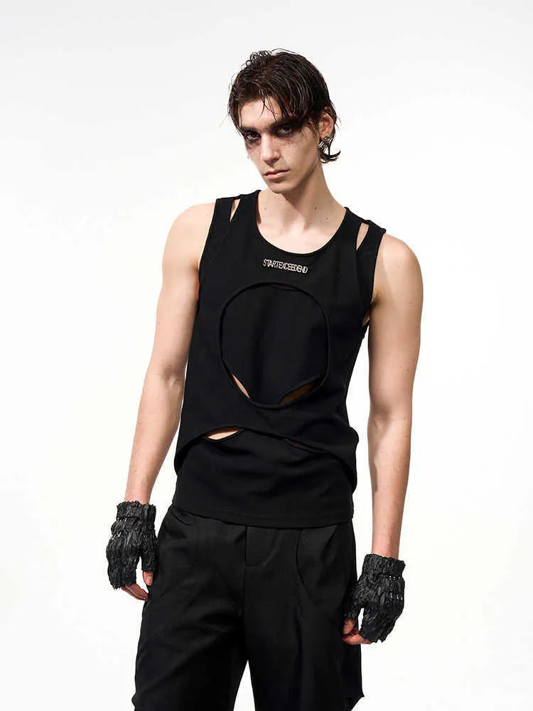 Men's loose-fit sleeveless waistcoat in black hollow weave cotton fabric on a hanger