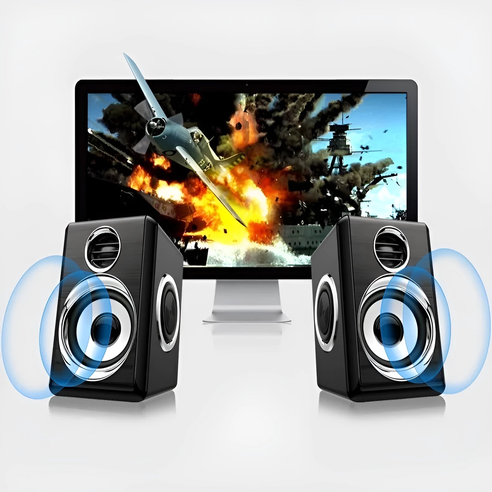 Two compact USB mini speakers in Black Silver finish with extra bass for laptop audio