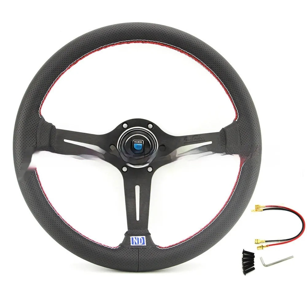 Black leather 14-inch steering wheel with deep concave dish and aluminium skeleton on a plain background.