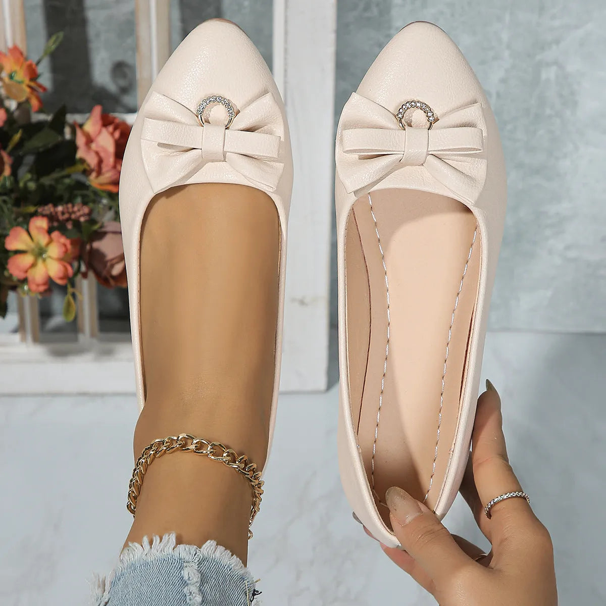 Women's beige casual loafers with bowknot detail and shallow mouth slip-on design