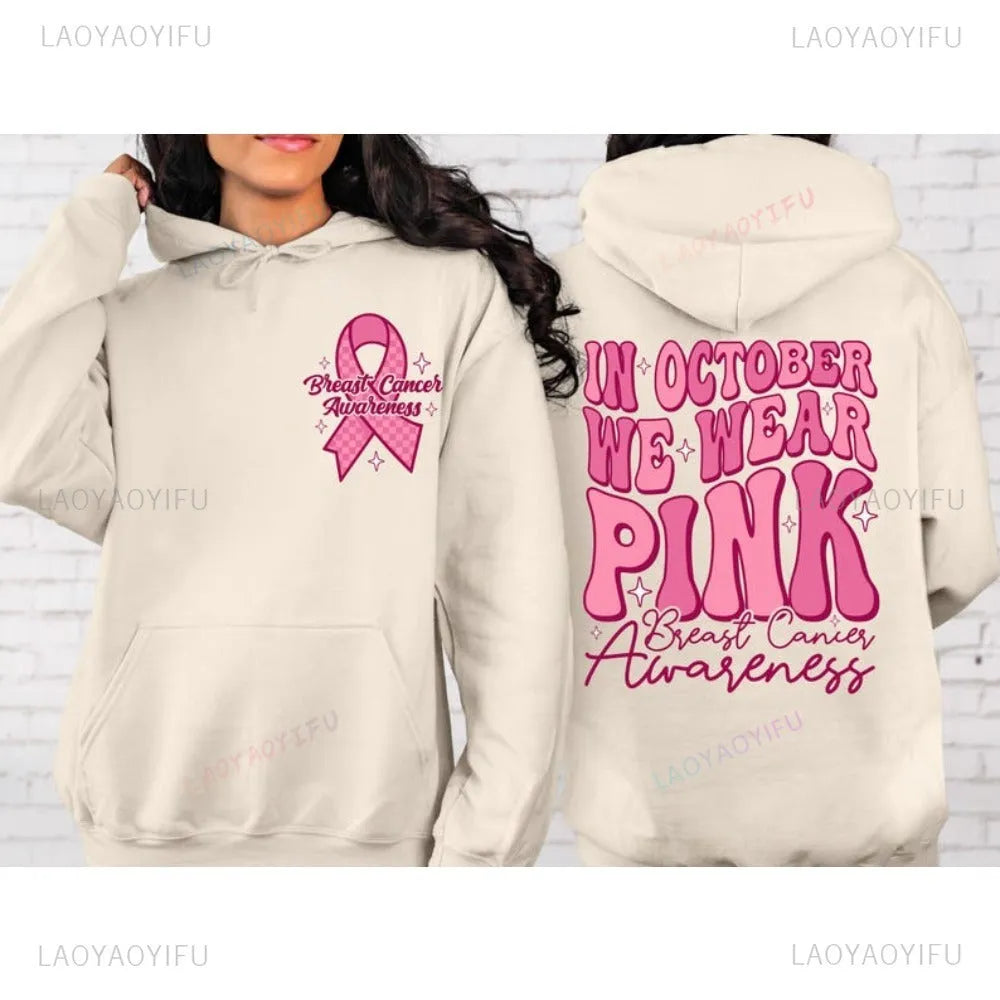 Pink Breast Cancer Awareness pullover hoodie with side seam pockets and hot stamping decorative elements