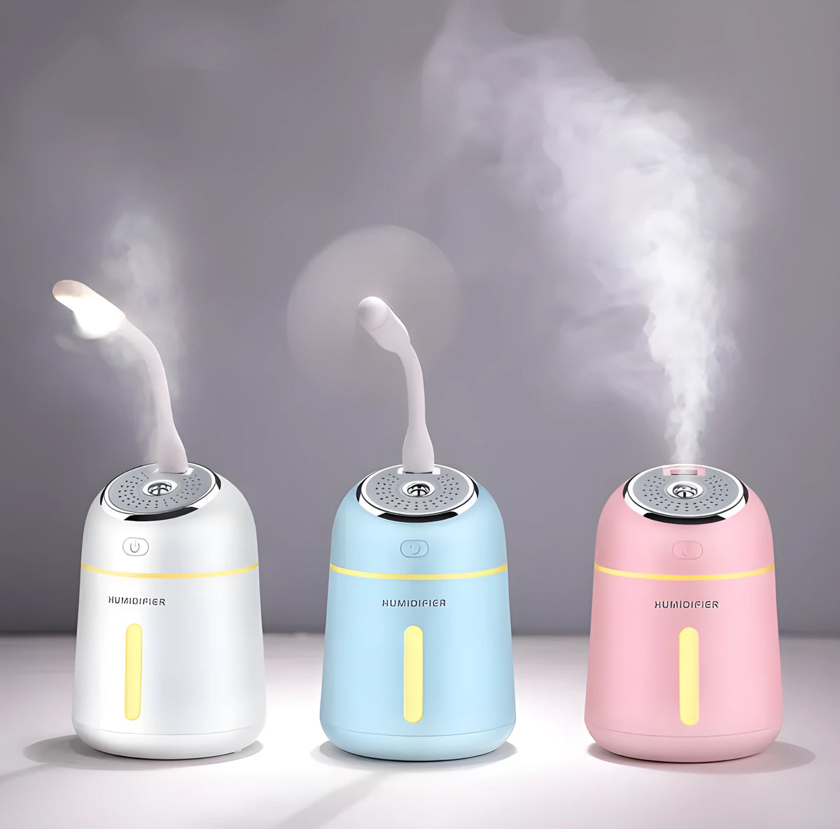 Mini ultrasonic USB humidifier four-in-one with USB mini fan and LED light, 330ml, 139*96*96mm, Blue Pink White